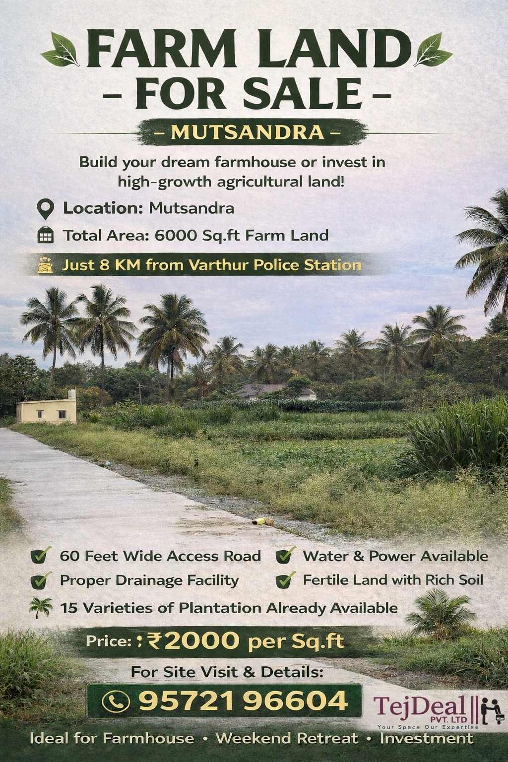 Premium 6000 Sq.ft Farm Land for Sale in Mutsandra